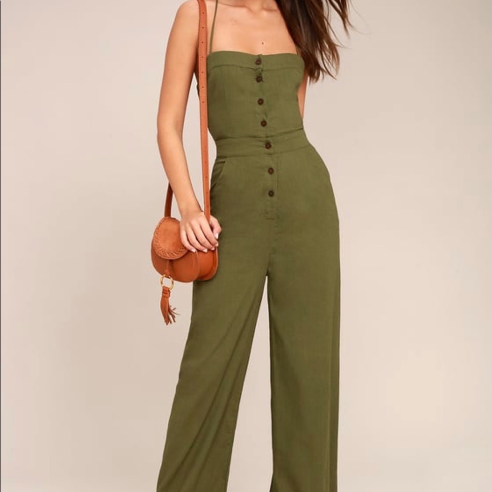 Lulu’s Beach Day Olive Green Backless Jumpsuit
